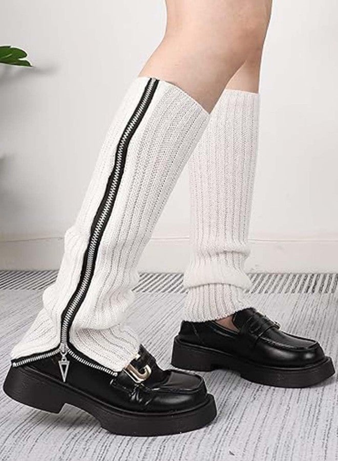 Urieo Zipper Warm Leg Warmers White Knitted Long Footless Socks Winter Boot Cuffs Christmas Knit Leg Sleeves for Women - Image 5
