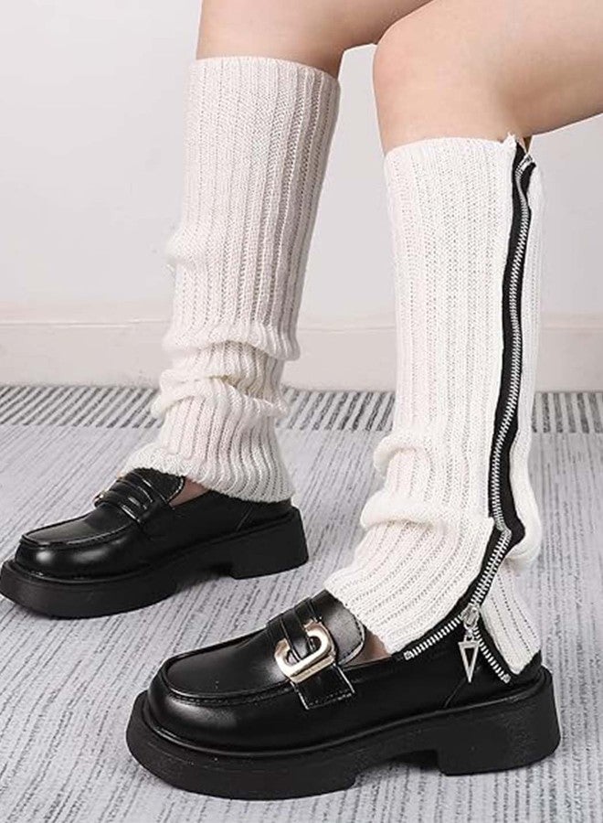 Urieo Zipper Warm Leg Warmers White Knitted Long Footless Socks Winter Boot Cuffs Christmas Knit Leg Sleeves for Women - Image 3
