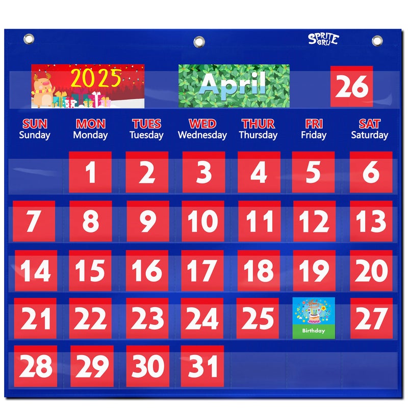 SpriteGru Black Calendar Pocket Chart with 76 Cards68 Illustrated Activity Cards 8 Dry Erasable Flash Cards and 3 Hooks 20 X 19 - Image 2