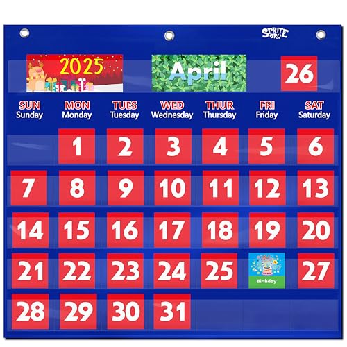 SpriteGru Black Calendar Pocket Chart with 76 Cards68 Illustrated Activity Cards 8 Dry Erasable Flash Cards and 3 Hooks 20 X 19 - Image 1
