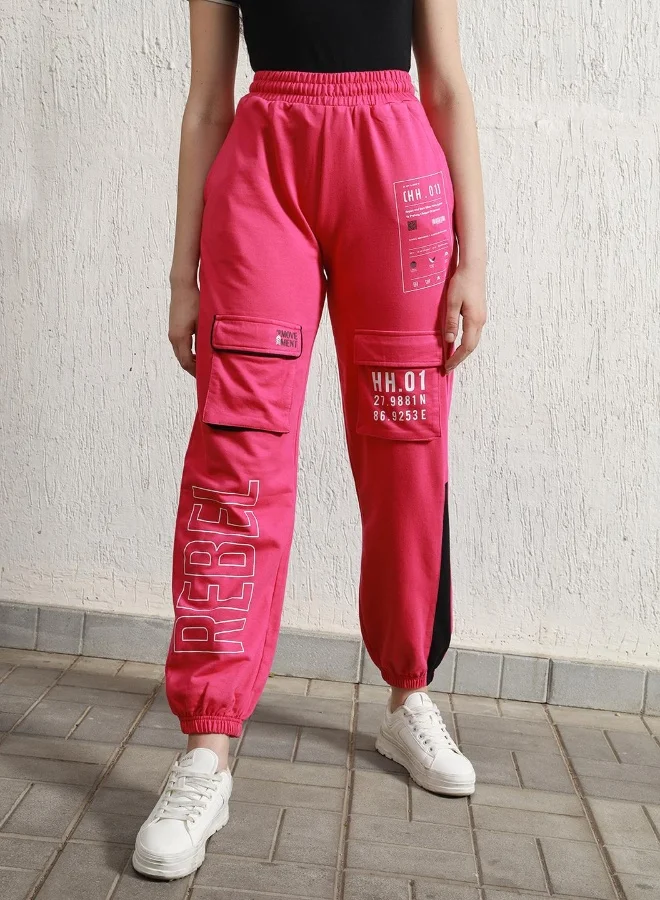 Hubberholme Women's Pink Cotton Blend Printed Full Length Cargo Regular Fit Trouser