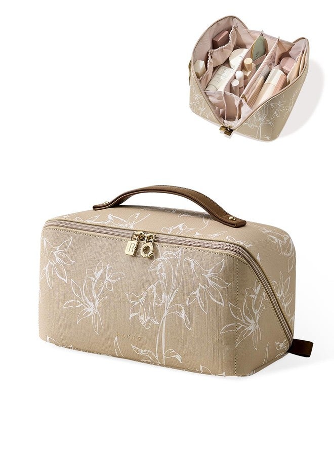 EACHY Travel Makeup Bag,Large Capacity Cosmetic Bags for Women,Waterproof Portable Pouch Open Flat Toiletry Bag Pattern Makeup Bag (F-Brown-Large) - Image 1