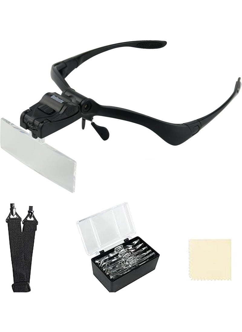 Beileshi Beileshi Headhand Magnifier Glasses With 2 LED Professional Jewelers Loupe Light Bracket and Headband are Interchangeable 5Lens Glass Magnifying Visor  - Image 1