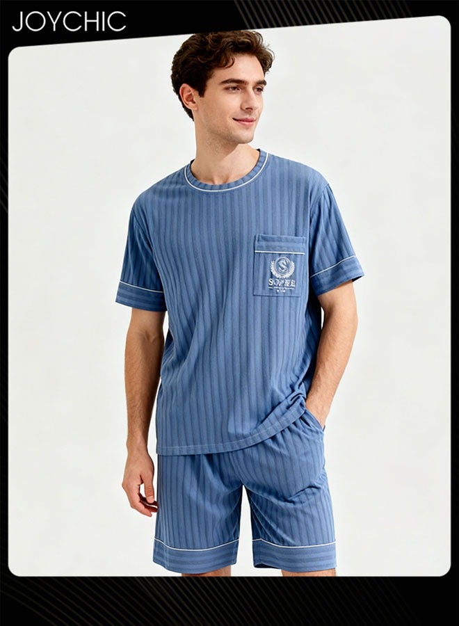 Joychic بيجامة صيفية للرجال من القطن المنسوج بأكمام قصيرة وسروال قصير، مجموعة مريحة وقابلة للتنفس للمنزل باللون الأزرق - Image 1