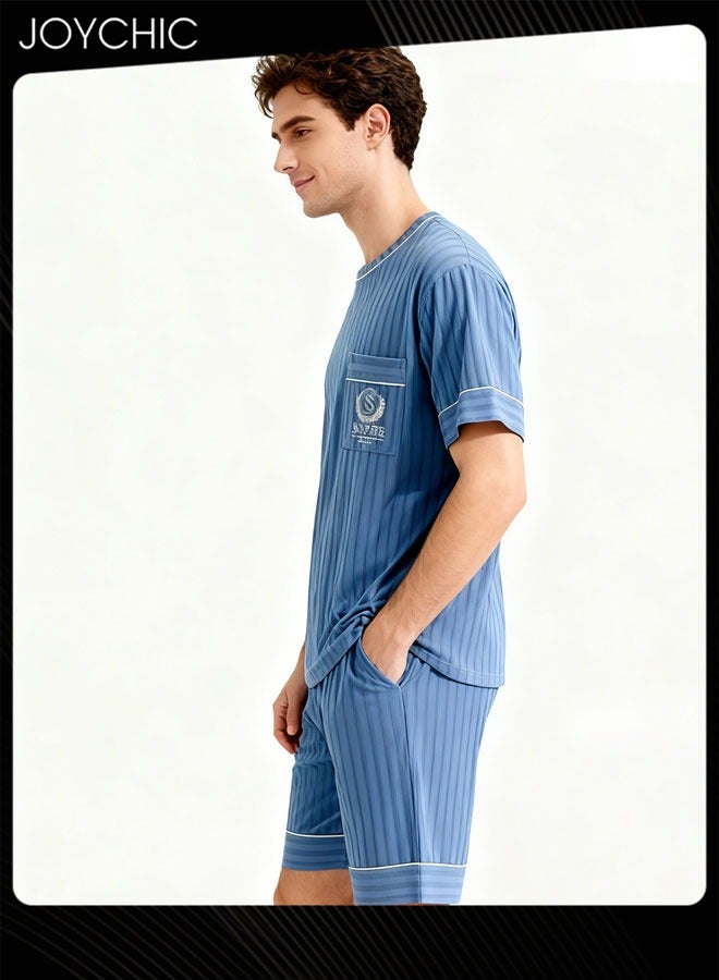 Joychic بيجامة صيفية للرجال من القطن المنسوج بأكمام قصيرة وسروال قصير، مجموعة مريحة وقابلة للتنفس للمنزل باللون الأزرق - Image 2