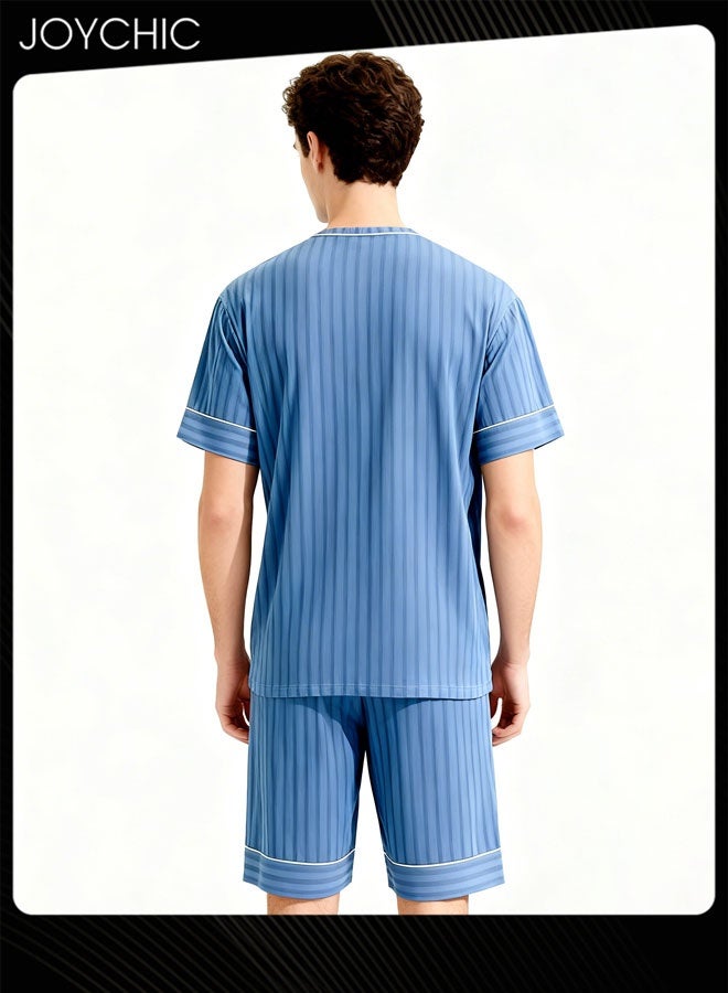 Joychic بيجامة صيفية للرجال من القطن المنسوج بأكمام قصيرة وسروال قصير، مجموعة مريحة وقابلة للتنفس للمنزل باللون الأزرق - Image 3