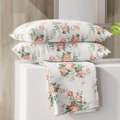 Layers Zen Cotton Blend King Bedsheet Set (Oeko Tex Certified) | 1 King Cotton Bedsheet & 2 Pillow Covers | Breathable & Anti-Wrinkle | 225 CVC | (Floral Print, Orange) - Image 1