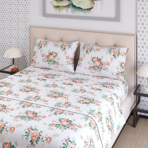 Layers Zen Cotton Blend King Bedsheet Set (Oeko Tex Certified) | 1 King Cotton Bedsheet & 2 Pillow Covers | Breathable & Anti-Wrinkle | 225 CVC | (Floral Print, Orange) - Image 2