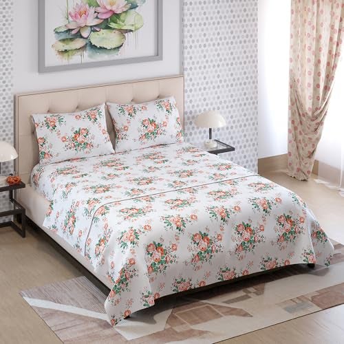 Layers Zen Cotton Blend King Bedsheet Set (Oeko Tex Certified) | 1 King Cotton Bedsheet & 2 Pillow Covers | Breathable & Anti-Wrinkle | 225 CVC | (Floral Print, Orange) - Image 4