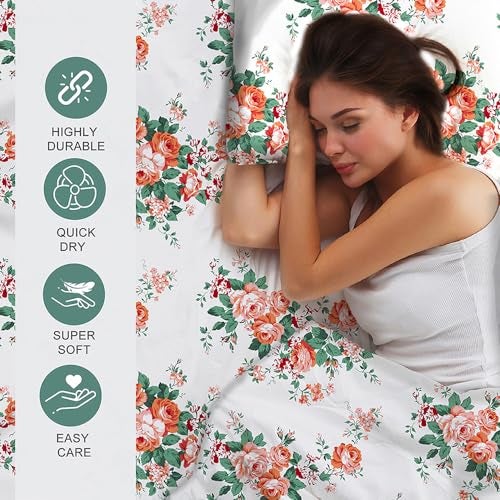 Layers Zen Cotton Blend King Bedsheet Set (Oeko Tex Certified) | 1 King Cotton Bedsheet & 2 Pillow Covers | Breathable & Anti-Wrinkle | 225 CVC | (Floral Print, Orange) - Image 3