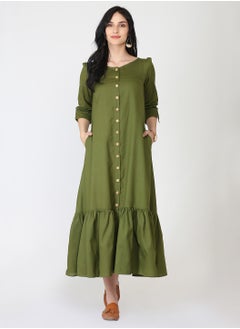 Abhishti Olive Cotton Linen Button Down Dress  - Image 1