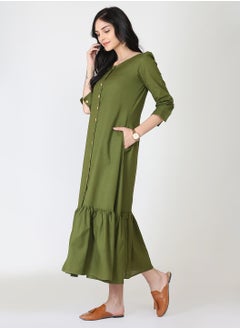 Abhishti Olive Cotton Linen Button Down Dress  - Image 4