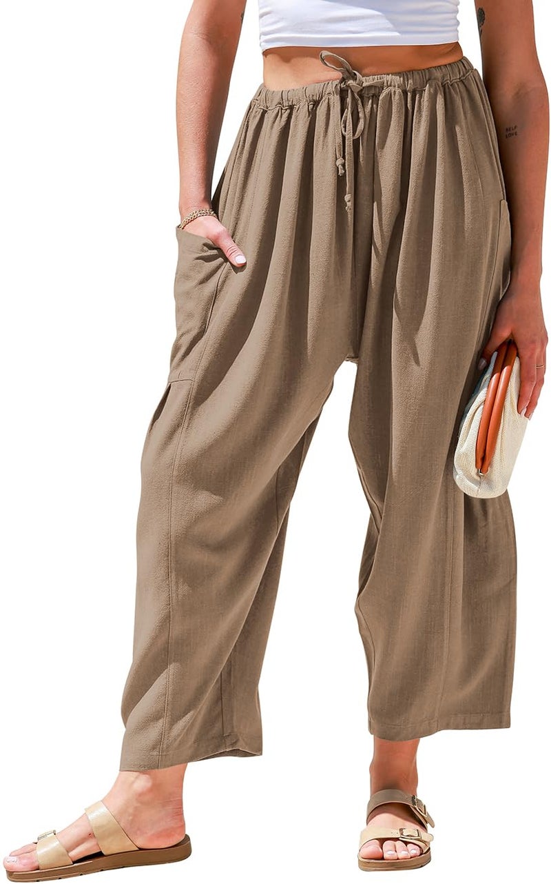TARSE Womens Linen Wide Leg Pants Casual Loose Drawstring Low Waist Beach Palazzo Harem Pants with PocketsCoffeeXL
