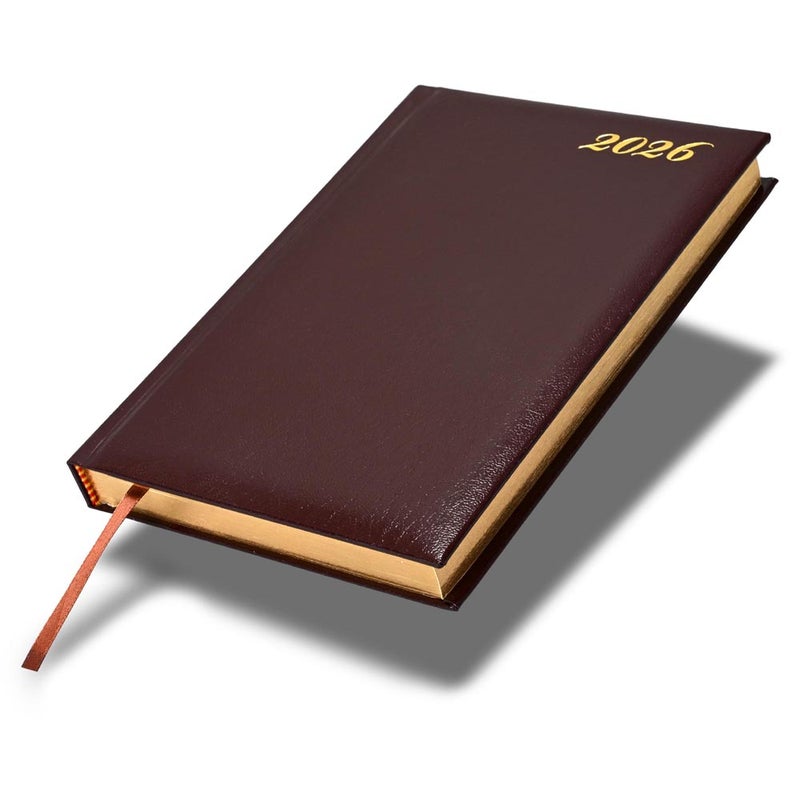 FIS مفكرة FIS الدولية 2026 A5، 148x210 مم، غلاف جلد مزود بحشوة من جهة واحدة، زوايا مدورة، حواف مطلية بالذهب، 7 لغات متعددة، ورق إيطالي عاجي بوزن 70 جرام، غلاف بلون بورجوندي - FSDI136-7BG26BU - Image 1