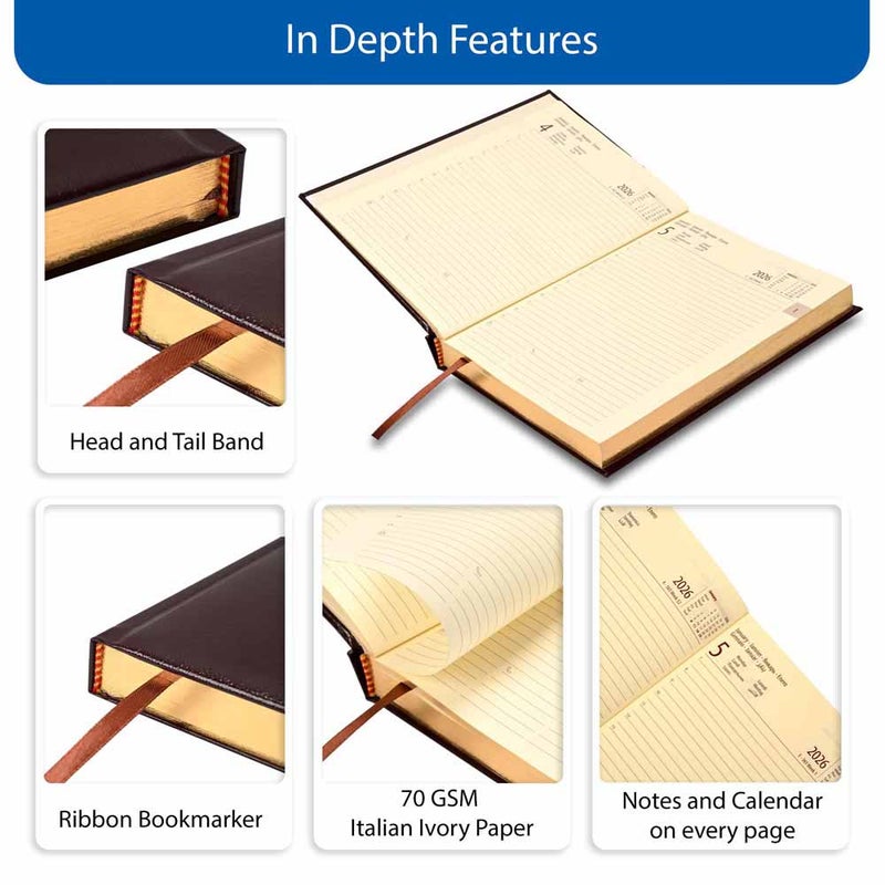 FIS مفكرة FIS الدولية 2026 A5، 148x210 مم، غلاف جلد مزود بحشوة من جهة واحدة، زوايا مدورة، حواف مطلية بالذهب، 7 لغات متعددة، ورق إيطالي عاجي بوزن 70 جرام، غلاف بلون بورجوندي - FSDI136-7BG26BU - Image 5
