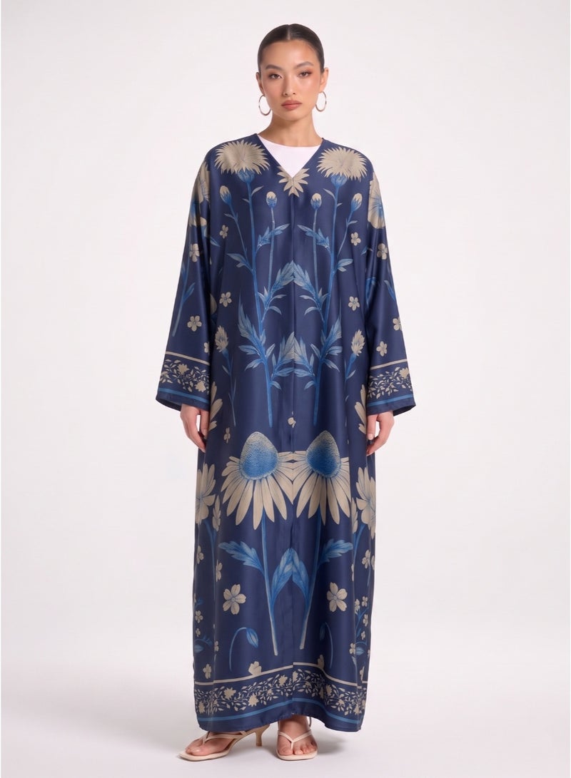 Next Abaya Floral Printed Silk Abaya Blue V-Neck Long Sleeve Modest Maxi Dress - Image 1