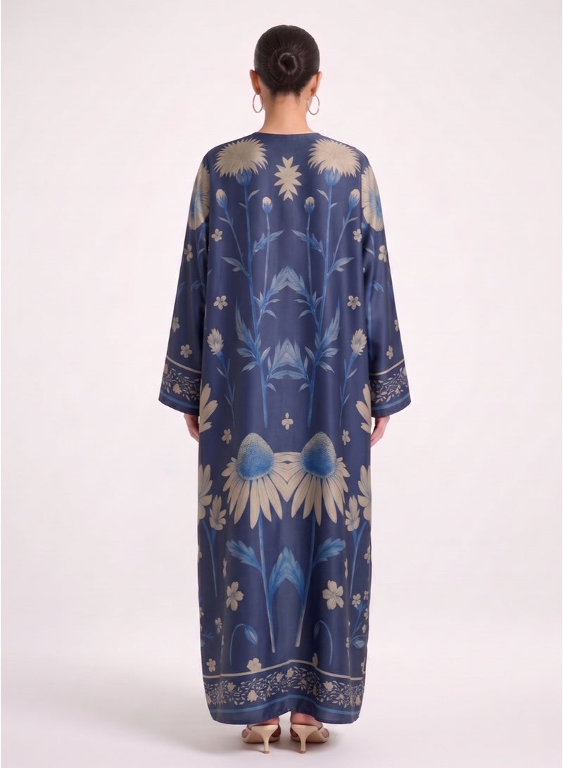 Next Abaya Floral Printed Silk Abaya Blue V-Neck Long Sleeve Modest Maxi Dress - Image 2