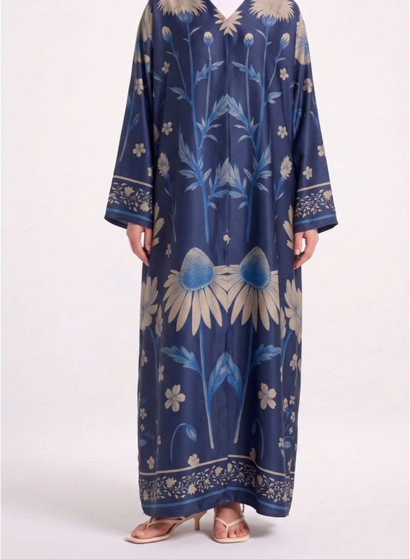 Next Abaya Floral Printed Silk Abaya Blue V-Neck Long Sleeve Modest Maxi Dress - Image 3