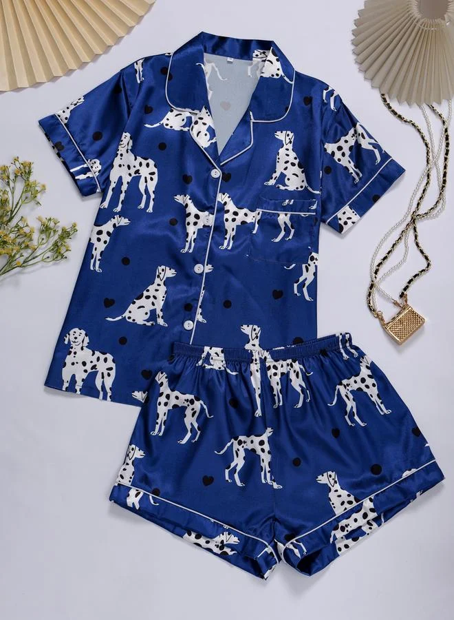 تايك تو Blue Graphic Print Shirt and Shorts Pajama Set