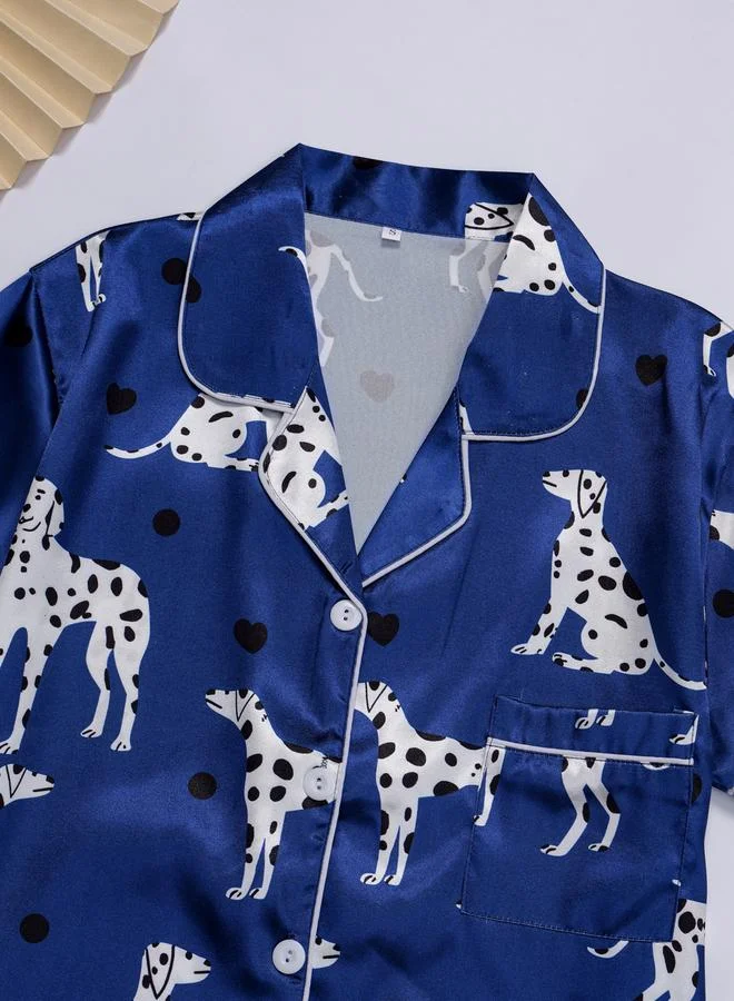 تايك تو Blue Graphic Print Shirt and Shorts Pajama Set