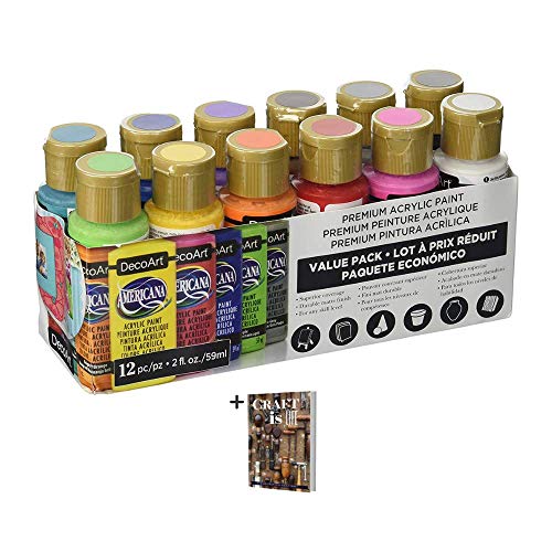 DecoArt Americana Acrylic Paint Set - 12 Ct Basic Assorted Colors Value Pack - Medium Viscosity Water-Based Multi-Surface Paint for Arts, Crafts, Wall Art, Model Kits + E-Book - Image 1