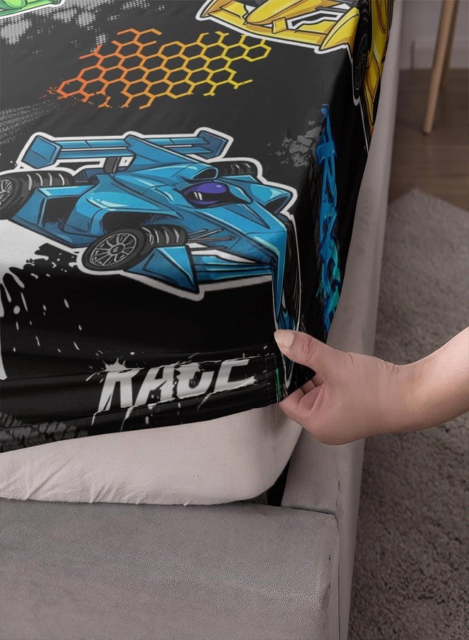 HOSIMA Child's Cartoon Racing Car Fitted Sheet for Boys' Racecar Bed Decor,Colorful Car Pattern Black Toddler Bedding Set,Cool Extreme Sports Twin Fitted Sheet Teen Kids Room Decor. - Image 5