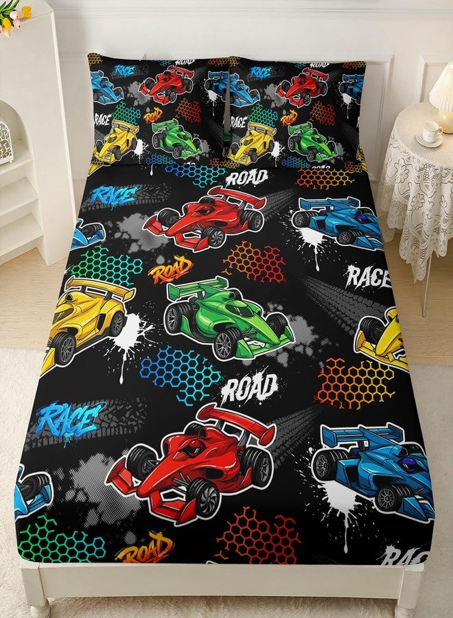 HOSIMA Child's Cartoon Racing Car Fitted Sheet for Boys' Racecar Bed Decor,Colorful Car Pattern Black Toddler Bedding Set,Cool Extreme Sports Twin Fitted Sheet Teen Kids Room Decor. - Image 2
