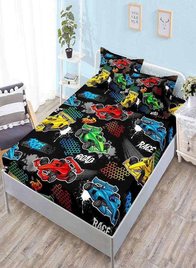 HOSIMA Child's Cartoon Racing Car Fitted Sheet for Boys' Racecar Bed Decor,Colorful Car Pattern Black Toddler Bedding Set,Cool Extreme Sports Twin Fitted Sheet Teen Kids Room Decor. - Image 1