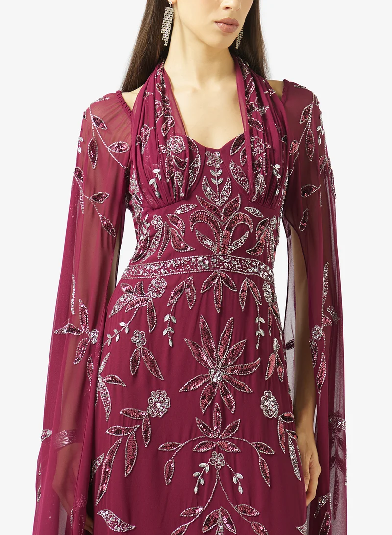 Frock And Frill  Embellished Cape Sleeve Maxi Dress for Women | Best Price UAE