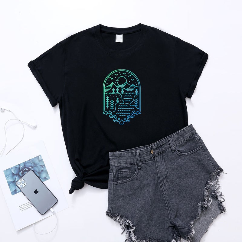 2023 Summer Cross-border Women's Independent Station New Women's T-shirt Short-sleeved Base Shirt Sunset Printed Top wish - Image 1