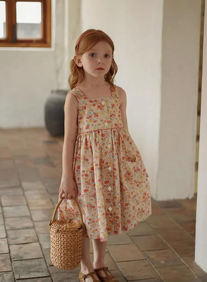 Take Two cream with floral print Girls All-Over Print Square Neck Sleeveless Dress for Women | Best Price UAE