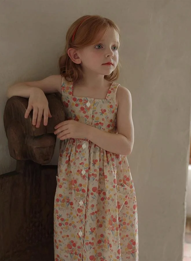 Take Two cream with floral print Girls All-Over Print Square Neck Sleeveless Dress for Women | Best Price UAE
