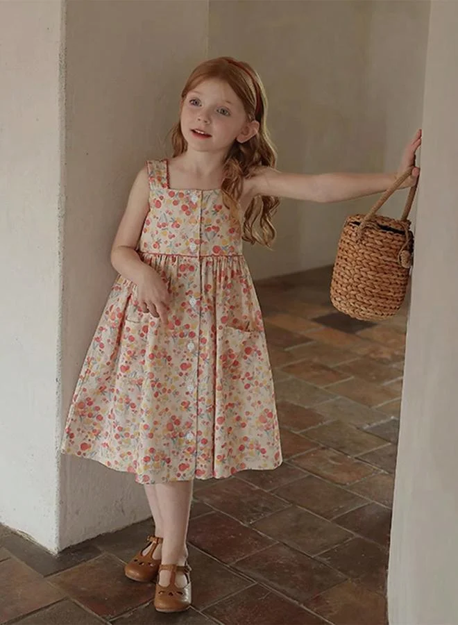 Take Two cream with floral print Girls All-Over Print Square Neck Sleeveless Dress for Women | Best Price UAE