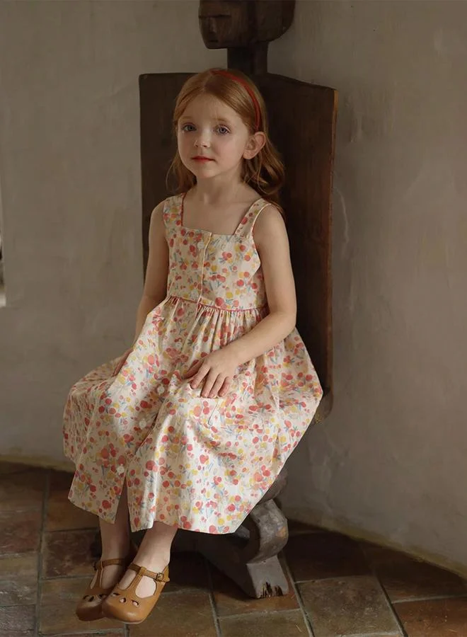 Take Two cream with floral print Girls All-Over Print Square Neck Sleeveless Dress for Women | Best Price UAE