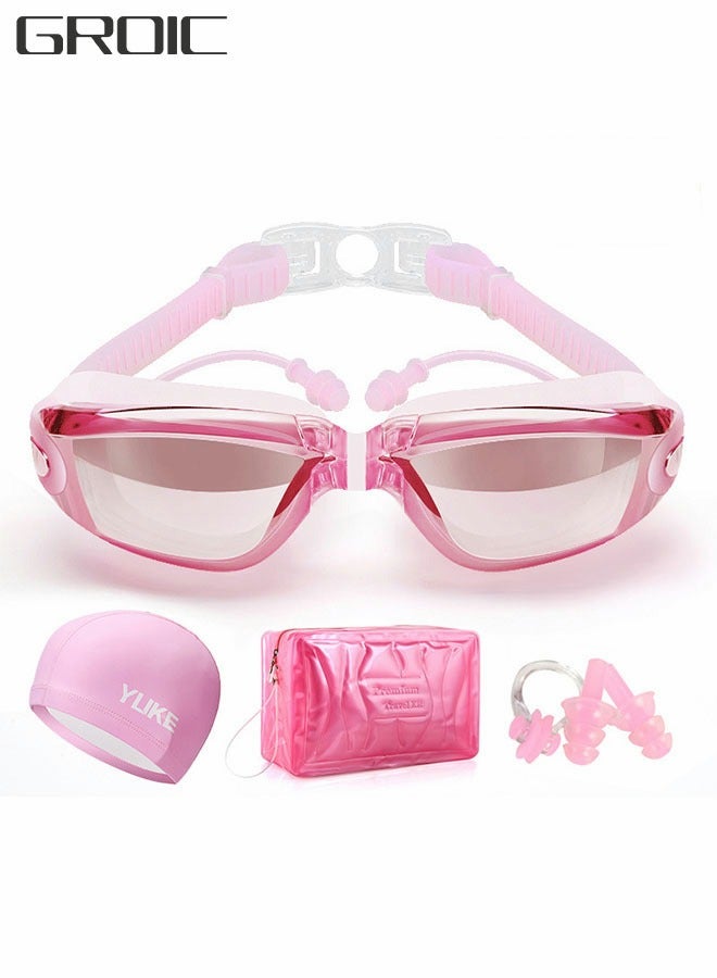 GROIC 5 Pieces Adjustable Swimming Goggles Sets Anti-Leak, Anti-Fog,with Swimming Cap,Nose Clip Ear Plugs,Waterproof Bag Case , Suitable for Adult Men ,Women ,Teenagers,Beginners, Professionals - Image 1