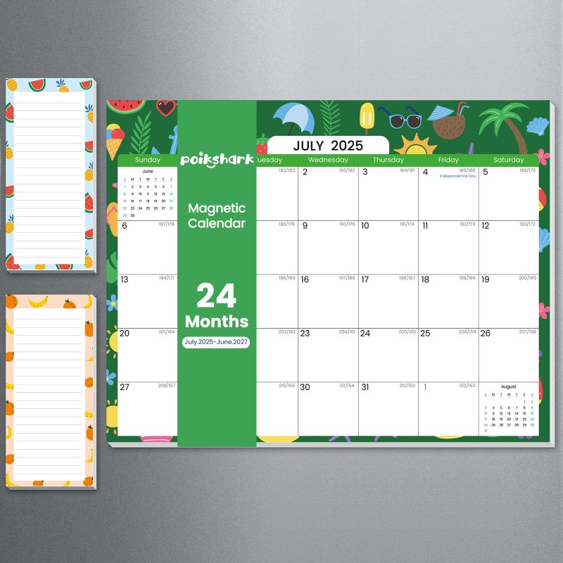 POIKSHARK 2025.7-2027.6 Magnetic Calendar for Refrigerator with 2 Pack Magnetic Note Pad for Fridge, 2 Year from July 2025 to June 2027 with Seasonal Patterns, Aesthetic Magnet Wall Calendar, 24 Monthly - Image 1