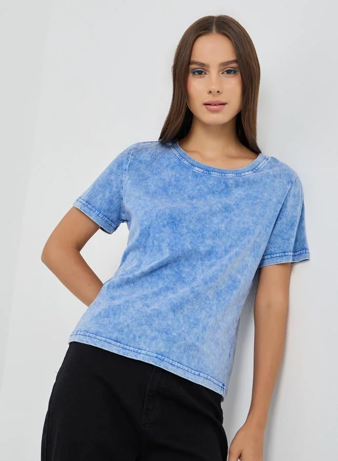 تايك تو Take Two Solid Acid Wash Round Neck T-Shirt