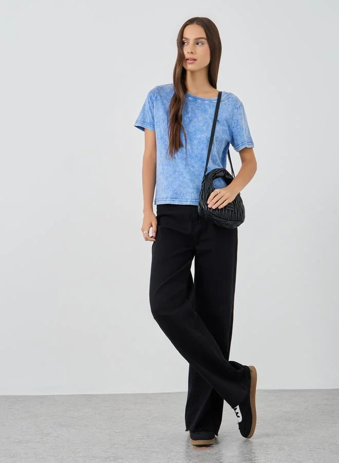 تايك تو Take Two Solid Acid Wash Round Neck T-Shirt