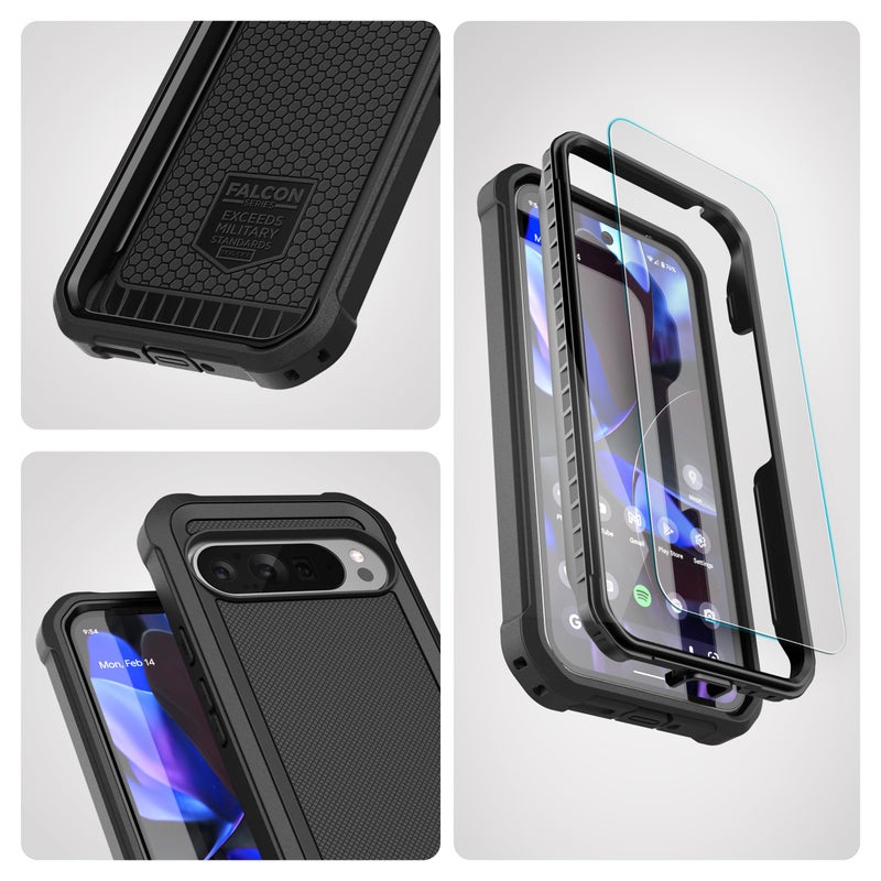 Encased Falcon Shield for Google Pixel 10/10 Pro Phone Case - Dual Layer Heavy Duty Cover with Tempered Glass Screen Protector (Black) - Image 2