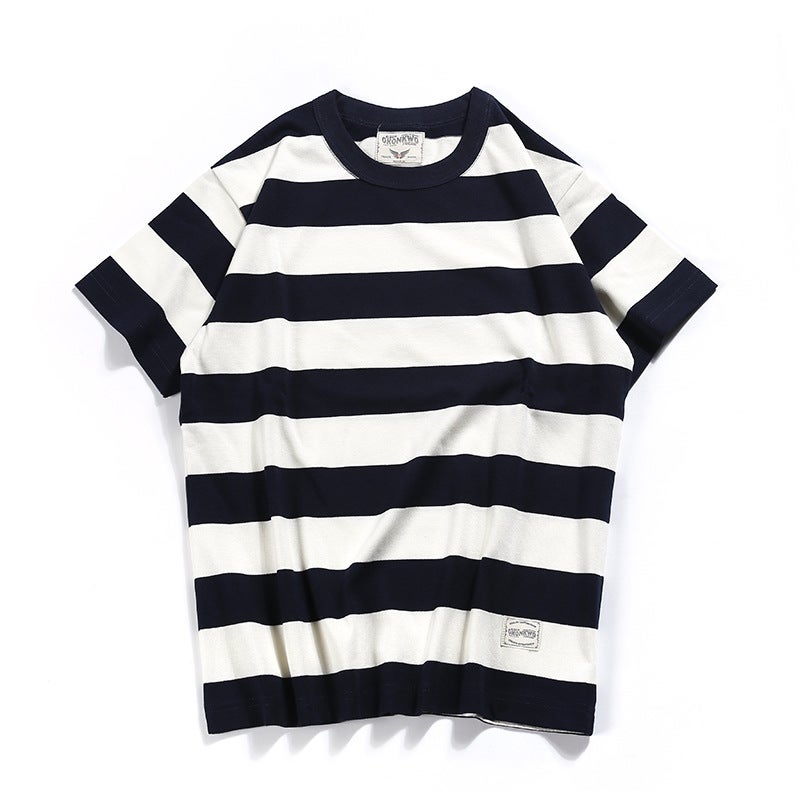 Generic OKONKWO new American retro Kaji T-shirt heavy prisoner motorcycle mens short sleeve thick large striped T-shirt 9132 blue and white stripes 