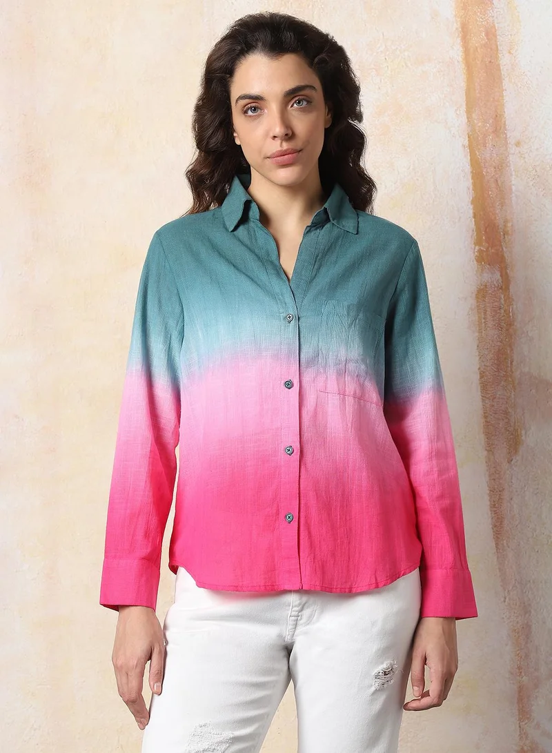 HIGH STAR Women Comfort Fit Spread Collar Colourblocked Cotton Casual Shirt