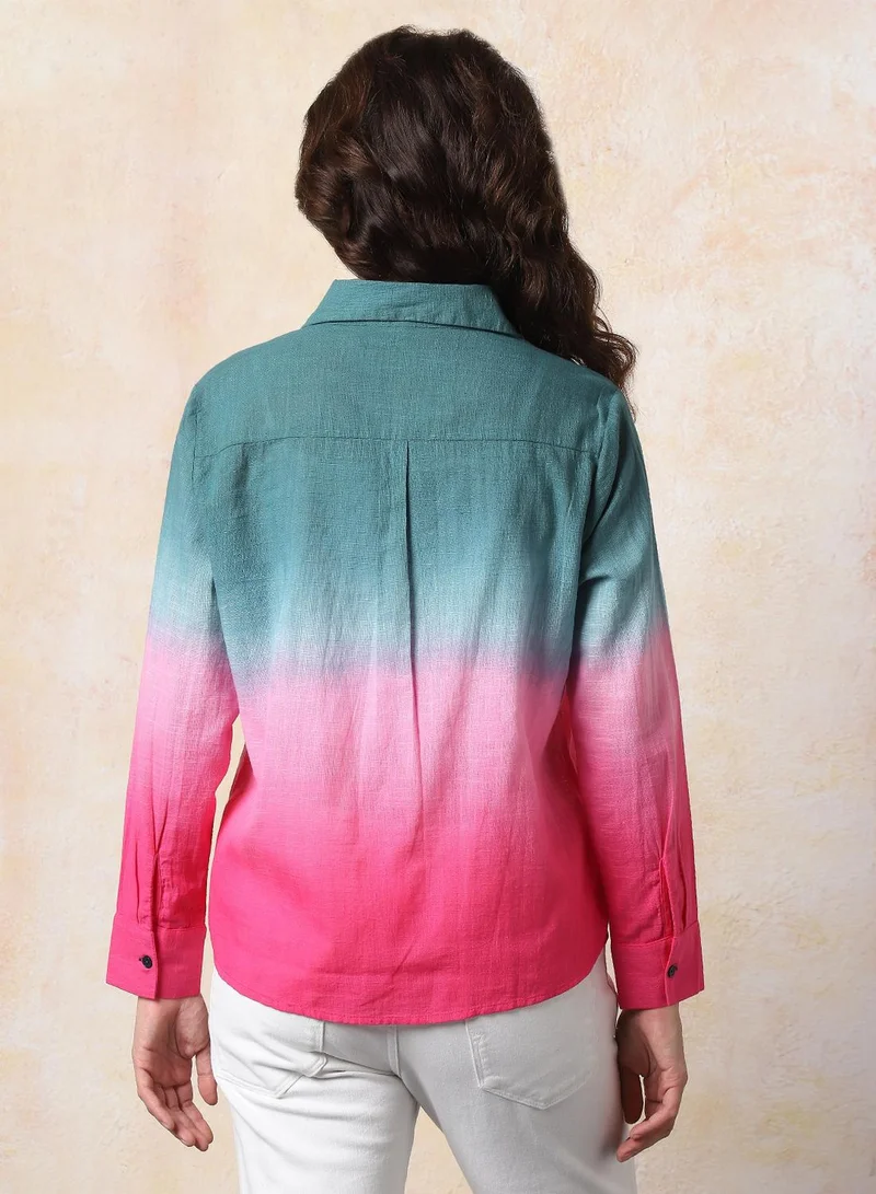 HIGH STAR Women Comfort Fit Spread Collar Colourblocked Cotton Casual Shirt