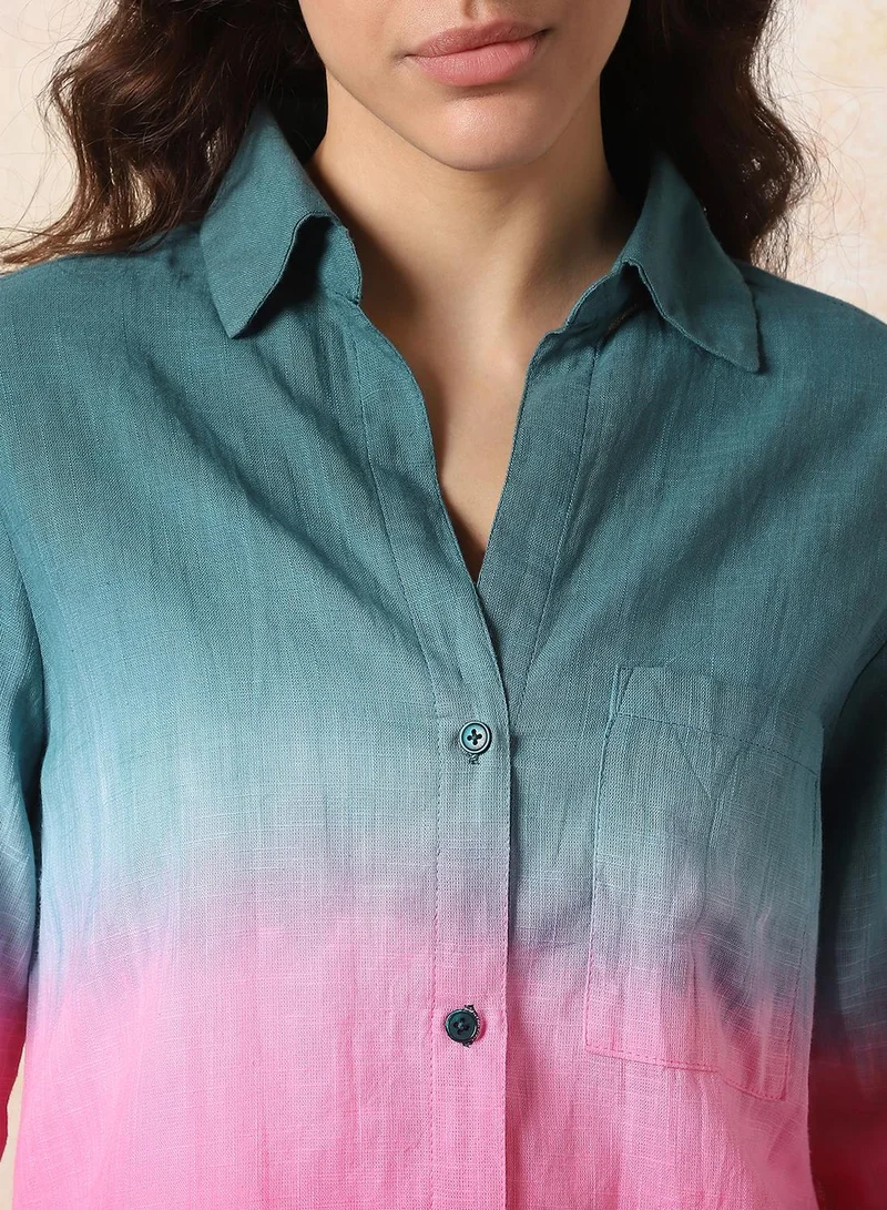 HIGH STAR Women Comfort Fit Spread Collar Colourblocked Cotton Casual Shirt