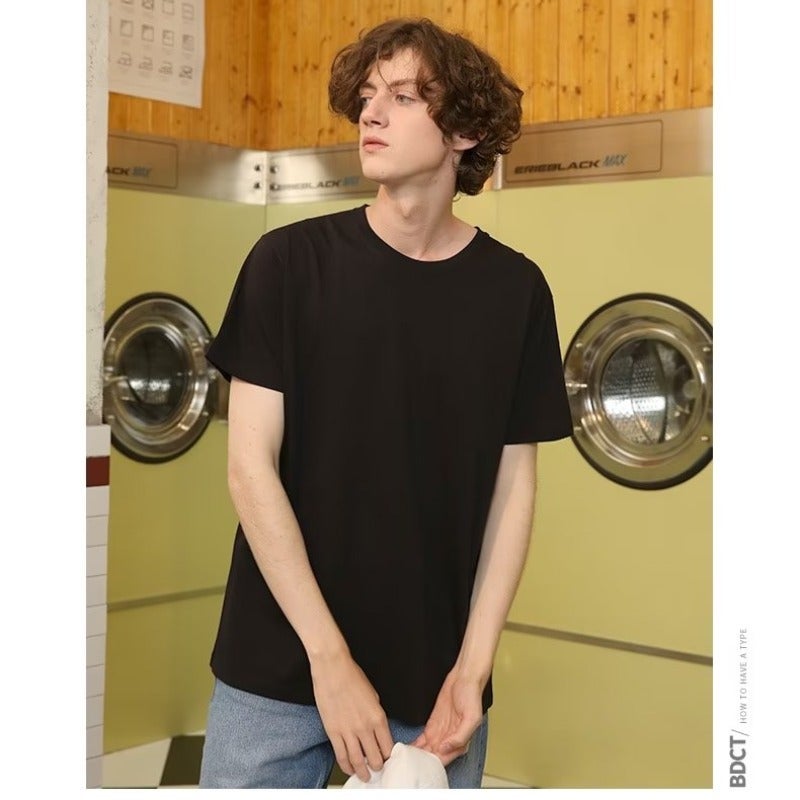 Combed Cotton Solid Color Couples Short-sleeved Base Shirt T-shirt Hip-hop Light Board White Mens and Womens T-shirt Pure Black Clothes Top White  - Image 4