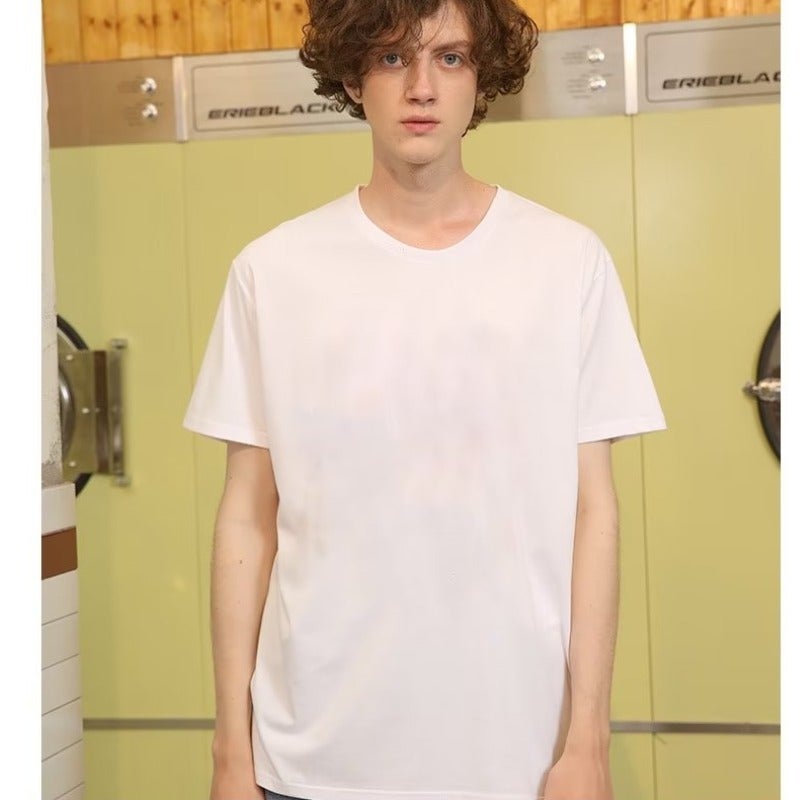 Combed Cotton Solid Color Couples Short-sleeved Base Shirt T-shirt Hip-hop Light Board White Mens and Womens T-shirt Pure Black Clothes Top White  - Image 3