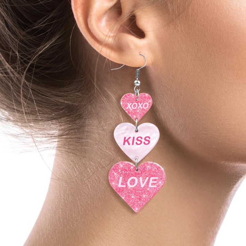 Nylry Valentines Earrings for Women Dangle Heart Earrings for Women Love Acrylic Earring Conversation Pink Red Heart Shaped Earring Valentine jewelry Accessories Valentines Day Gifts for Her-Big Pink - Image 4