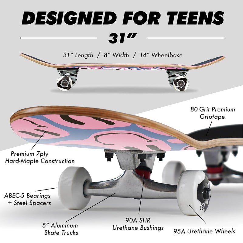 Magneto Cruiser Skateboard - Longboard-Style Cruiser for City Commutes - Beginner Skateboard Setup with ABEC-5 Bearings & 95A Wheels - 7-Ply Maple Deck, 31" x 8", Droopy Smile - Image 4