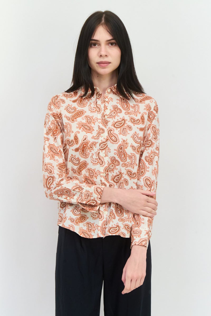 GANT Women Spread Collar Long Sleeves Paisley Pattern Shirt, Brown  - Image 1