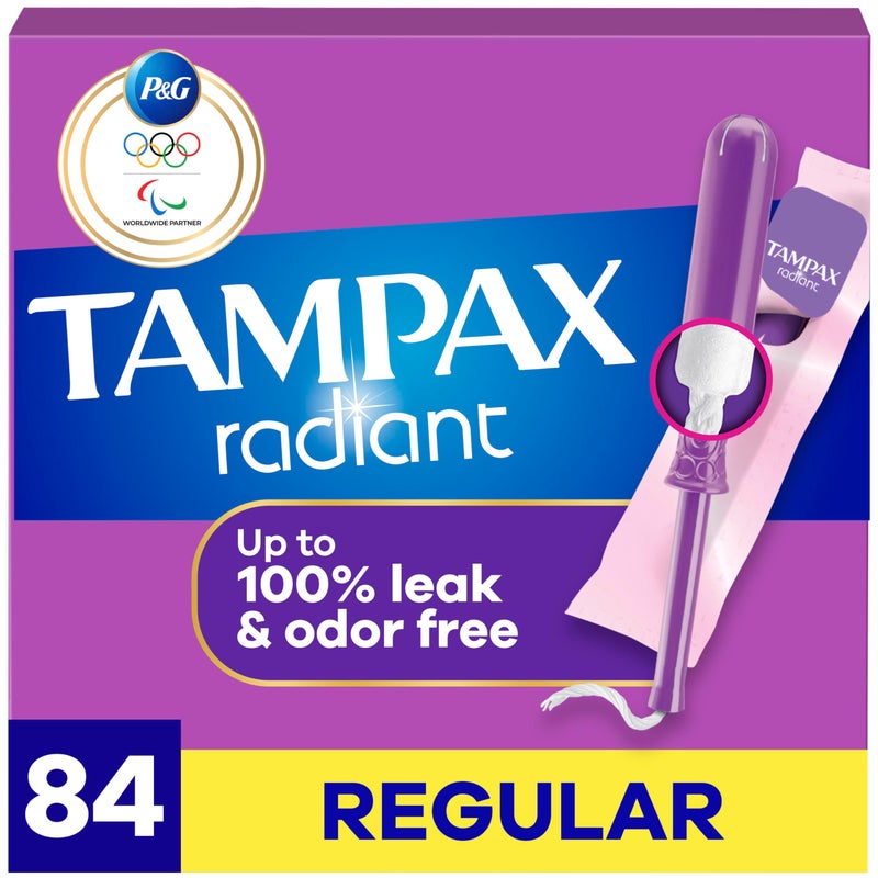 Tampax Radiant Tampons for Women, with LeakGuard Braid, Regular Absorbency, Unscented, 84 Count (3 Packs of 28) - Image 1