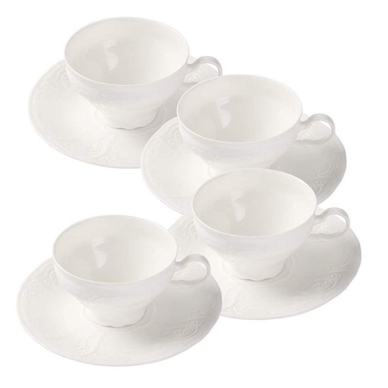 PULCHRITUDIE PULCHRITUDIE White Fine Porcelain 7 Oz Teacup Saucer Set Sculpture Surface Light Weight Set of Four 